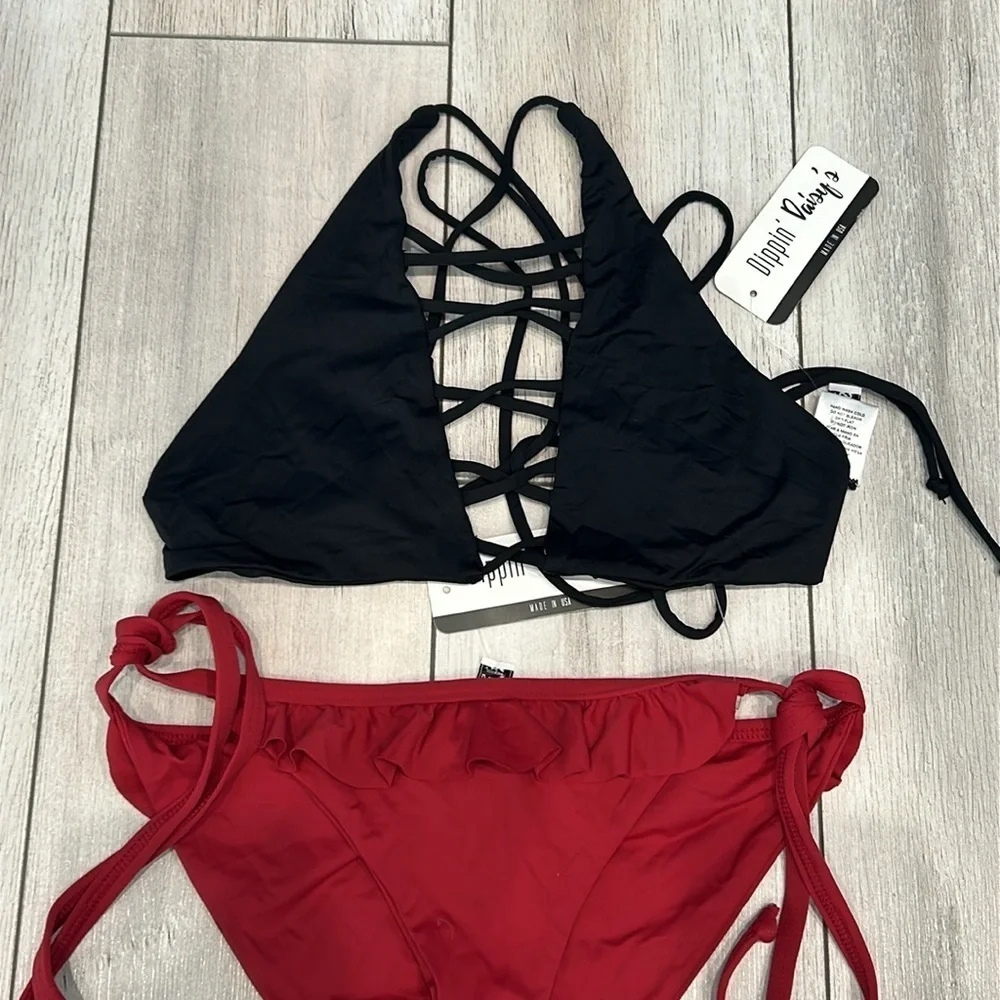 Dippin' Daisy's black burgundy two piece swimsuit bikini set size small